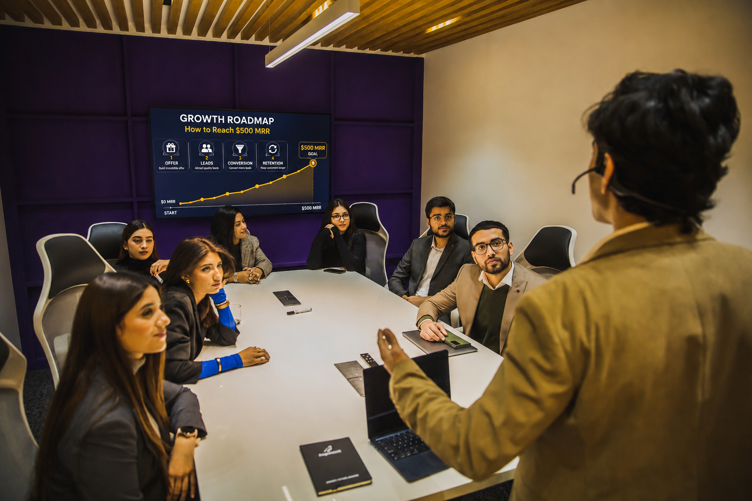 Coach leading team through growth roadmap in meeting room.
